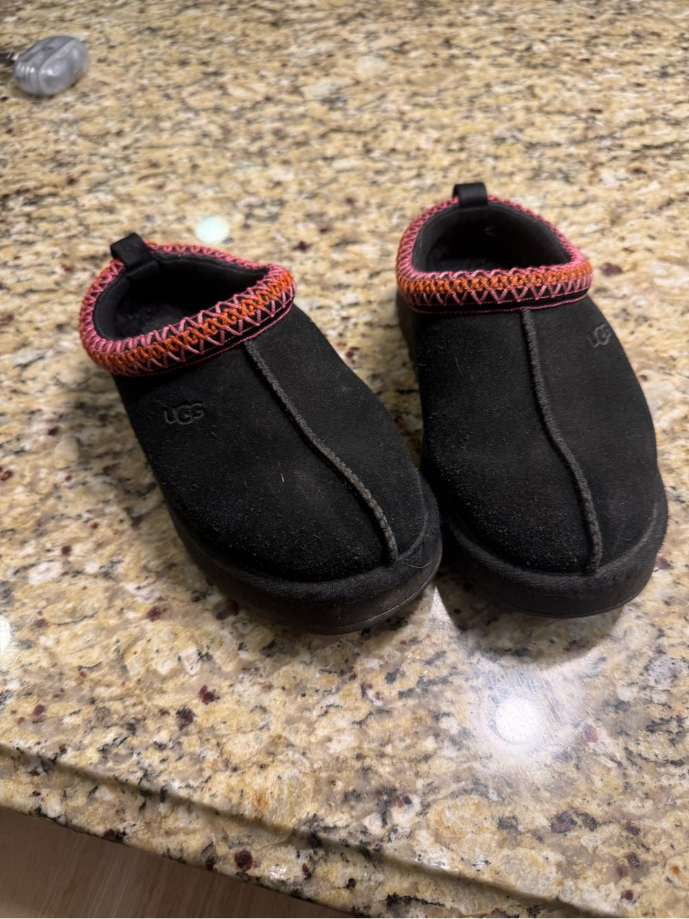 UGG Kids Black Suede Slip-On Clogs with Multicolor Pink-Orange Trim